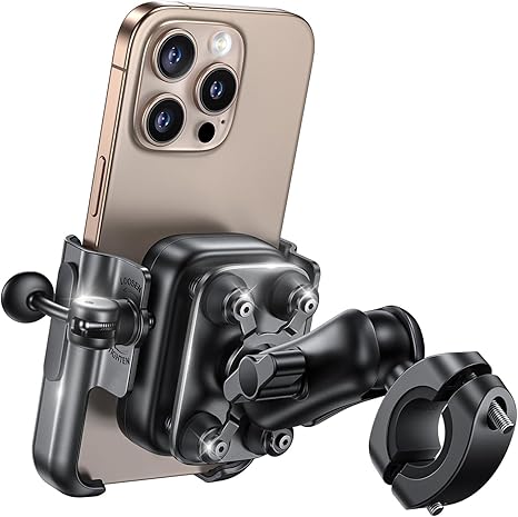 All-Metal Motorcycle Phone Mount with Anti-Shake Protection | 720° Adjustable Handlebar Phone Holder | Universal Bike Cell Phone Clamp for iPhone 17 Pro Max, Galaxy S24 Ultra, 4.7"-7.2" Smartphones