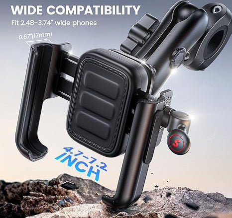 All-Metal Motorcycle Phone Mount with Anti-Shake Protection | 720° Adjustable Handlebar Phone Holder | Universal Bike Cell Phone Clamp for iPhone 17 Pro Max, Galaxy S24 Ultra, 4.7"-7.2" Smartphones